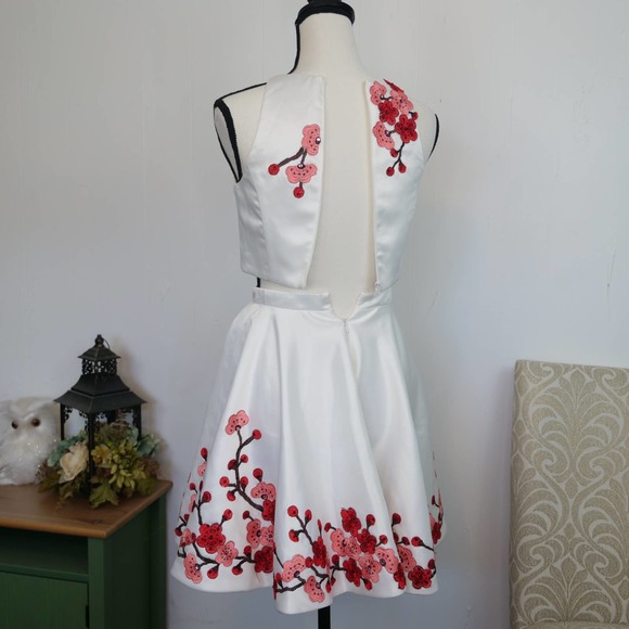 Blush Prom 2pc Skirt Set Size 0 White Red Pink Cherry Blossom Floral Embroidered - Picture 2 of 10